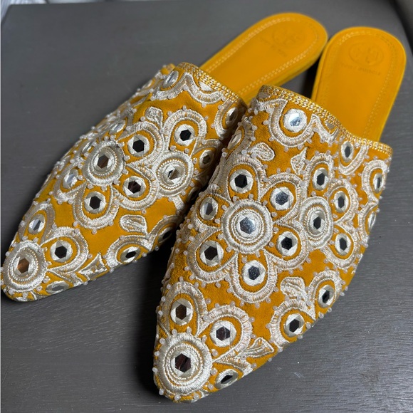 Tory Burch Embroidered Yellow Slip-On Mules Size 10.5 - Picture 1 of 6